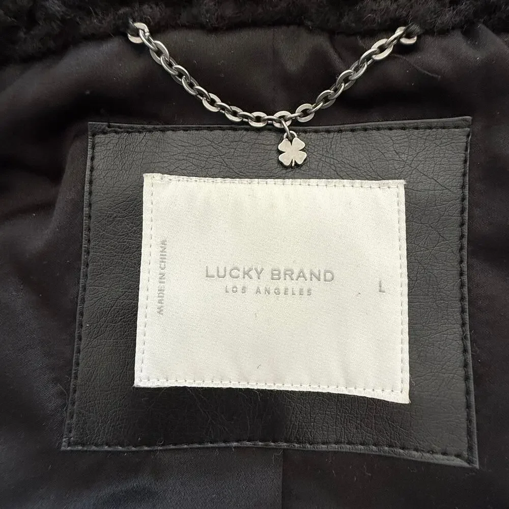 Lucky Brand Black Teddy Sherpa Hooded Jacket Women’s L Oversized Full Zip Cozy - Picture 2 of 16